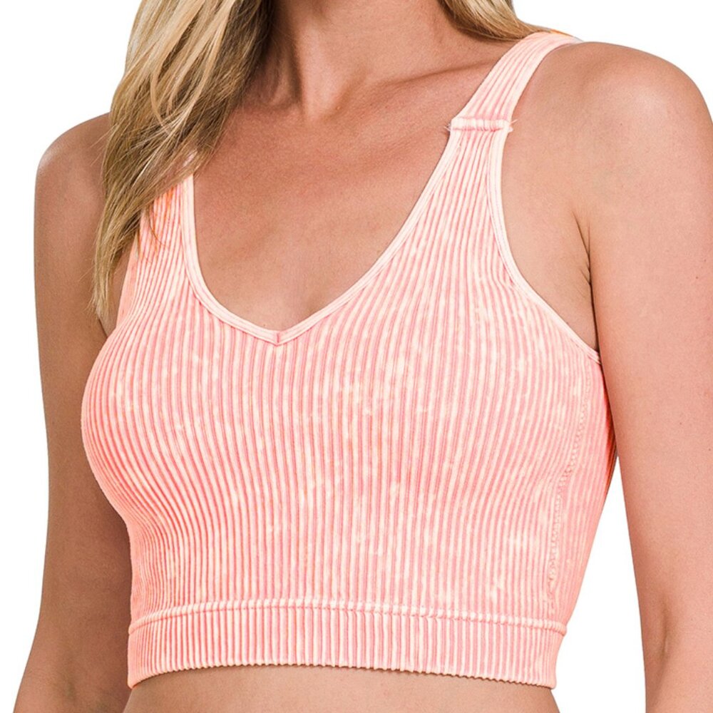 Washed Ribbed Cropped Seamless Bra Padded Tank Top Brami - Dusty Pink